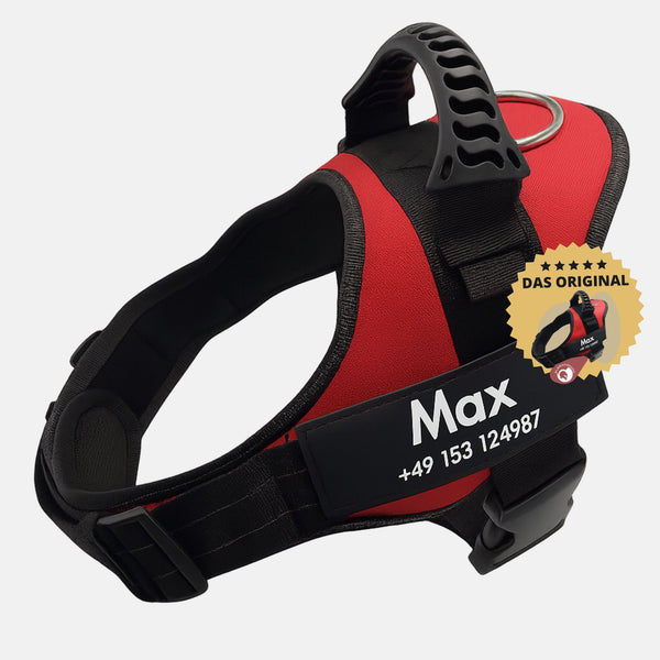 Abbildung rotes Geschirr für große und kleine Hunde - Original von GladiatorZoo mit Name und Telefonnummer bestickt