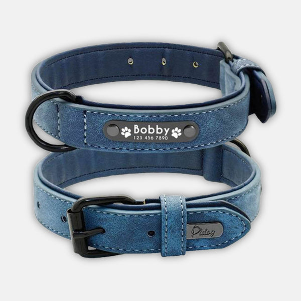 Hundehalsband aus Leder und Blau - personalisiert - alle Hundegrößen