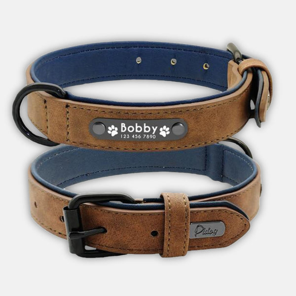Hundehalsband aus Leder und Blau - personalisiert - alle Hundegrößen